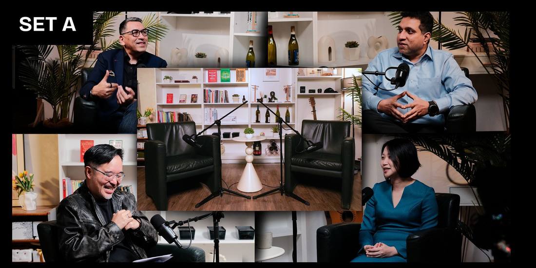 Set A — warm shelving and greenery, used for interview formats